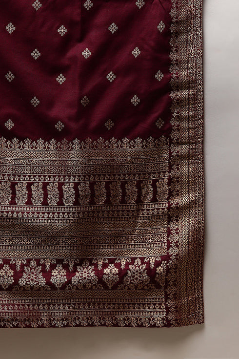 Plus Size Maroon Poly Chanderi Woven Design Straight Suit Set